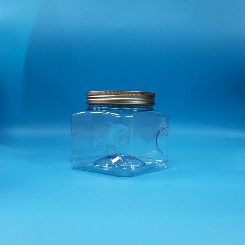 कैंडी फूड स्नैक फूड ग्रेड पीईटी स्पष्ट वर्ग आकार प्लास्टिक पकड़ जार एल्यूमीनियम ढक्कन