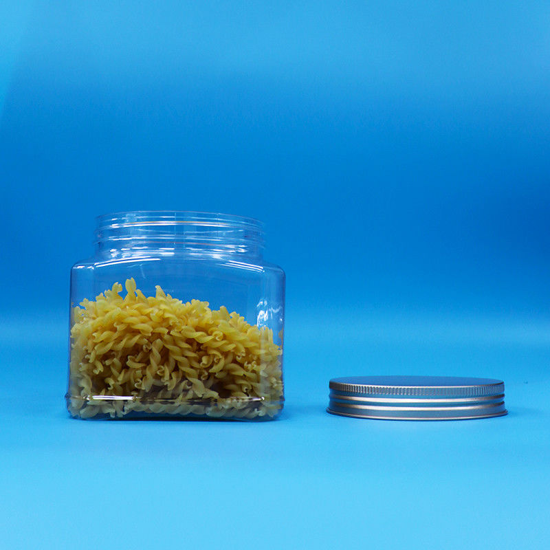 कैंडी फूड स्नैक फूड ग्रेड पीईटी स्पष्ट वर्ग आकार प्लास्टिक पकड़ जार एल्यूमीनियम ढक्कन