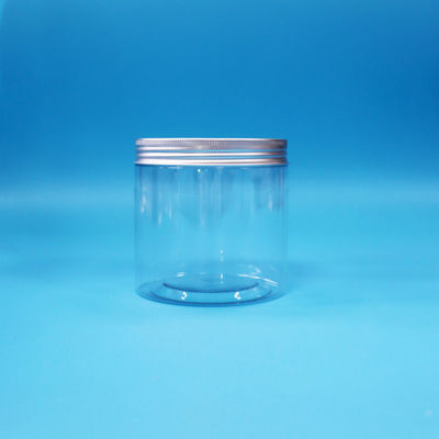 गोल चौड़ा मुंह सिलेंडर आकार स्पष्ट पीईटी प्लास्टिक कुकीज जार एल्यूमीनियम पेंच टोपी