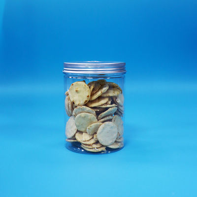 कस्टम खाद्य कैंडी कुकी पारदर्शी पीईटी प्लास्टिक गोल जार एल्यूमीनियम फ्लैट ढक्कन