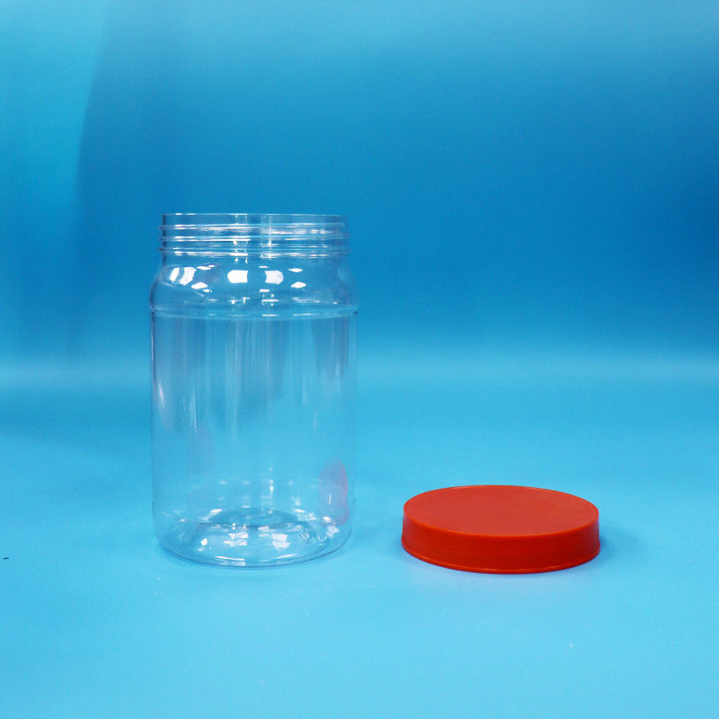 पारदर्शी पीईटी प्लास्टिक गोल खाद्य मिठाई कुकीज़ पैकेजिंग जार लाल रंग पेंच टोपी