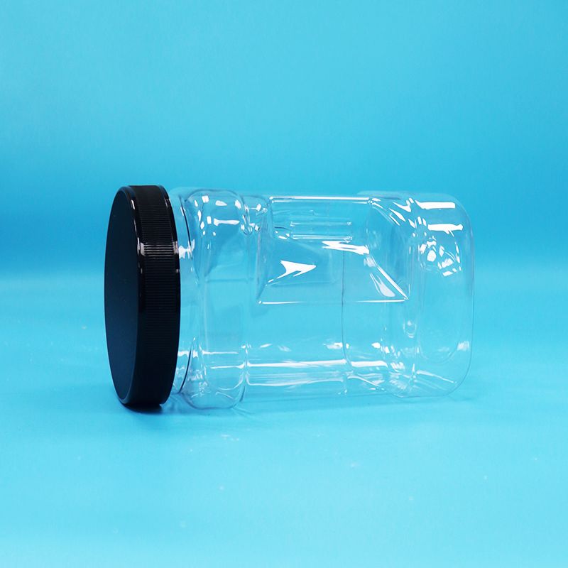 पारदर्शी सूखे फल और अखरोट वर्ग आकार पीईटी प्लास्टिक पकड़ जार काले फ्लैट ढक्कन