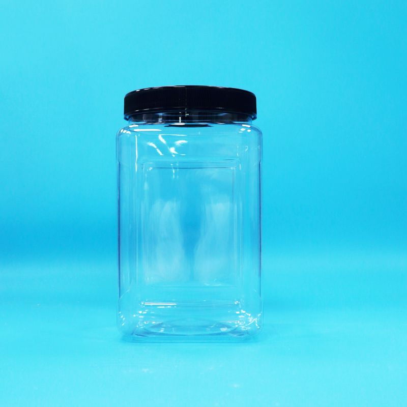 पारदर्शी जार वर्ग आकार प्लास्टिक पीईटी काले ढक्कन खाद्य के लिए कैंडी कुकीज़ नूडल्स