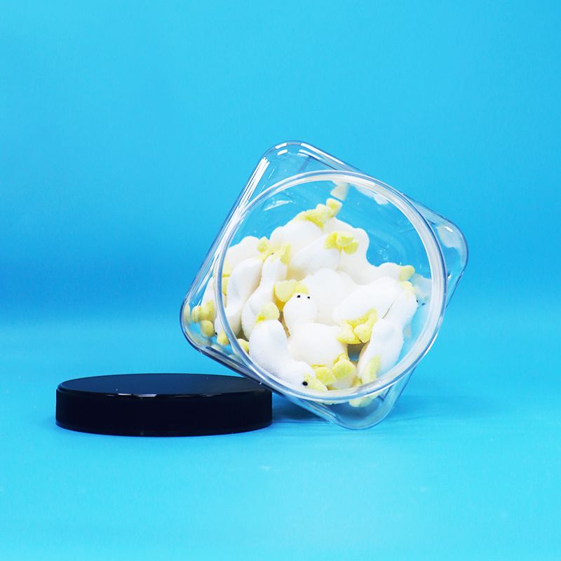 स्क्वायर आकार पारदर्शी प्लास्टिक पीईटी जार काले टोपी के लिए बेबी फूड कैंडी कुकीज़