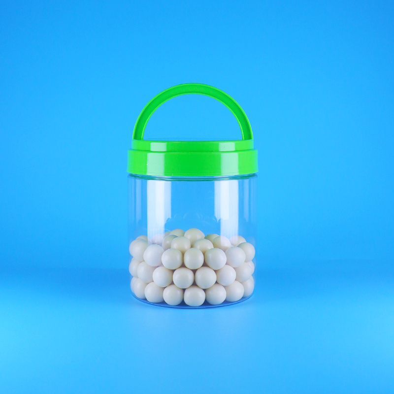 BPA मुक्त पेंच हैंडल ढक्कन सीलबंद खाली प्लास्टिक PET स्पष्ट गोल मूंगफली का मक्खन जार