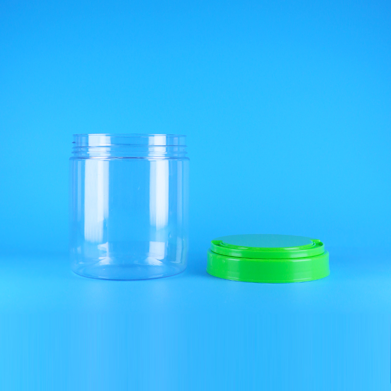 BPA मुक्त पेंच हैंडल ढक्कन सीलबंद खाली प्लास्टिक PET स्पष्ट गोल मूंगफली का मक्खन जार