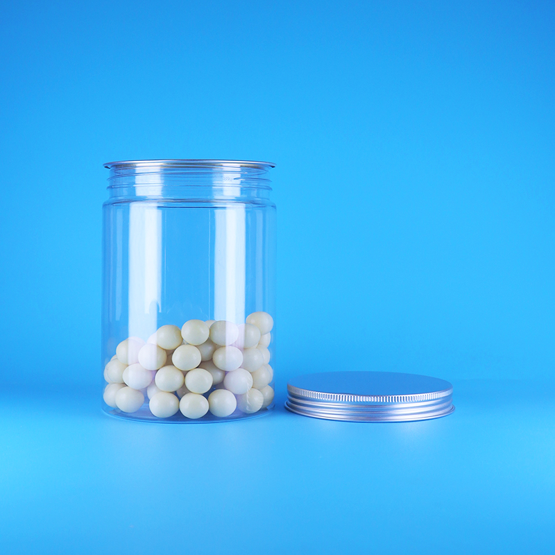 पारदर्शी चौड़े मुंह वाला पीईटी प्लास्टिक बेबी फूड कैंडी लंबा गोल जार एल्यूमीनियम फ्लैट ढक्कन