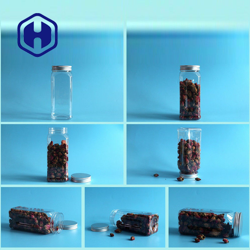 फूड एयरटाइट वाइड माउथ खाली एल्युमिनियम स्क्रू कैप के लिए 580 मिली स्क्वायर पीईटी प्लास्टिक जार