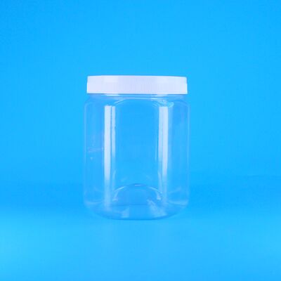 षट्कोणीय आकार का स्पष्ट पीईटी प्लास्टिक कुकीज़ पेकान सूखे फ्रेंच फ्राइज़ जार सफेद सपाट ढक्कन